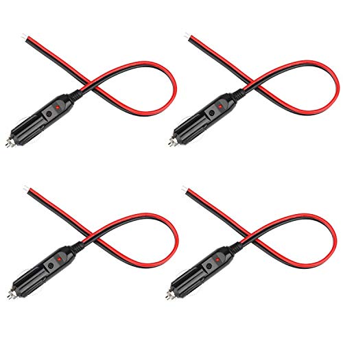 12V Cigarette Lighter Male Plug Pigtail Wire Harness 1Ft 16AWG Power Extension Cable Cigar Male Socket Plug With Led Lights, 10A Fuse (4 Pcs Male Plug)