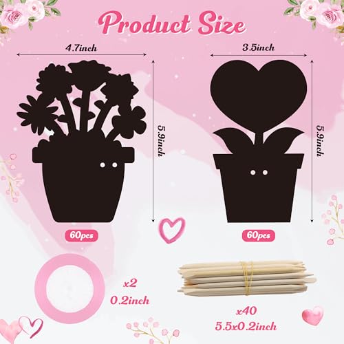 BeYumi Flower Scratch Cards Craft - 60Pcs Mother's Day Flower Pot Scratch Cards Kit for Kids DIY Magic Color Craft Set Teacher Appreciation Gift School Classroom Home Fun Activities