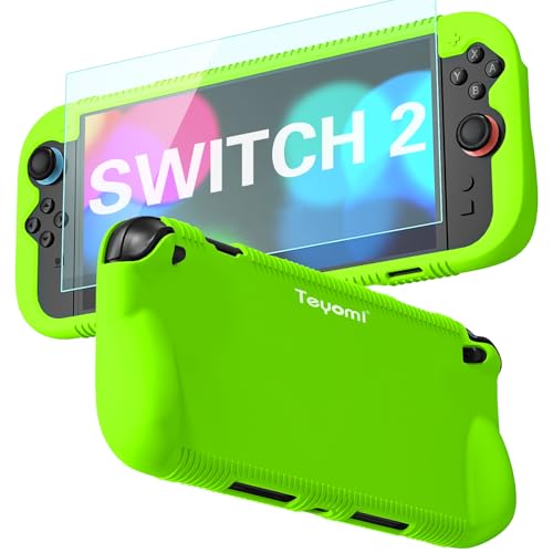 Teyomi Funda protectora de silicona compatible con Nintendo Switch 2, Carcasa para Nintendo Switch 2 con protector de pantalla de vidrio templado, Estuche con agarre ergonómico (Verde)