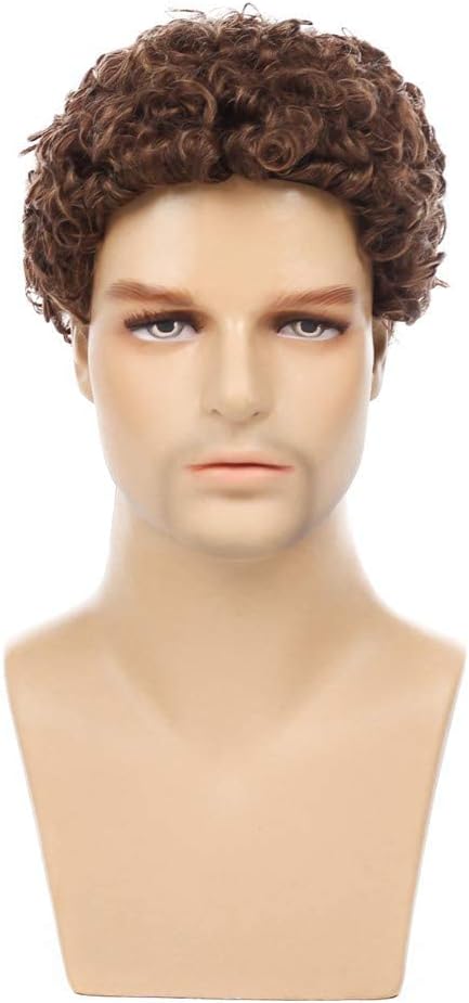Qnbiar Mens Short Brown Afro Curly Wig for Male Rocker Wavy Wig Halloween Cosplay Costume Full Wigs - Image 3