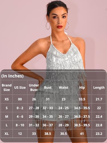 Image of Kaei&Shi Sequin Fringe Romper,Sparkly Glitter Metallic Jumpsuits For Women,Backless Shorts Dress Disco Birthday Dance Outfit