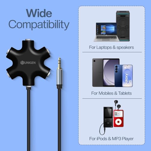 Image of UNIGEN Headphone Splitter,1 Male to 5 Port Female 3.5 mm Audio Headphone Stereo Audio Headset Adapter, Earbuds Earphones Plug 5 Way 1 Male to 4 Female Splitter with 3.5mm Stereo Cable