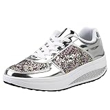 Sunnyuk Sneaker Damen mit Pailletten Keilabsatz Glitzer Sportschuhe Glänzende Dicker Turnschuhe Schuhe Schnürsenkel Walkingschuhe