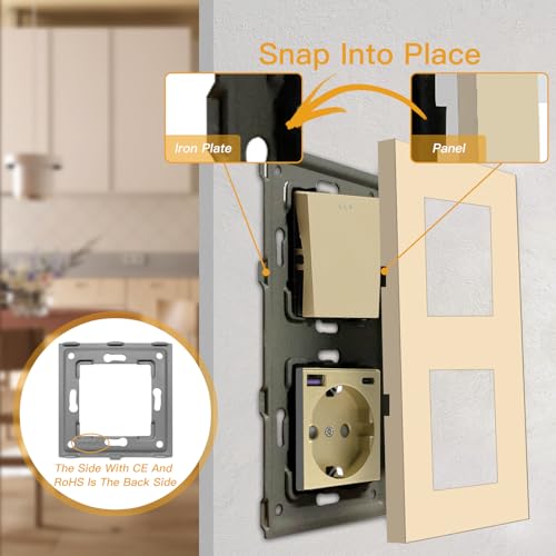 BSEED Lichtschalter mit Steckdose mit USB/TYPE C Schnellladen 20W, 1 Fach 2 Weg Taste Schalter mit Schuko Steckdose unterputz, Wandschalter mit PC Rahmen f&uuml;r Handy, Pad usw - Gold