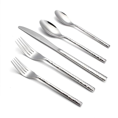 20-Piece Forged Hammered Stainless Steel Flatware Cutlery Set for 4, SXY INOX Includes Dinner Knives,Dinner Forks, Tea Spoons, Dinner Spoons, Salad forks, Mirror Polished - Dishwasher Safe
