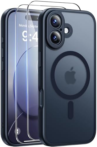 FLLAO Funda para iPhone 16, Compatible MagSafe, con 2 Piezas Protector de Pantalla Cristal Templado, [Protección de Cámara] Magnética Carcasa Translúcida Mate Trasera Fina Antigolpes, Negro
