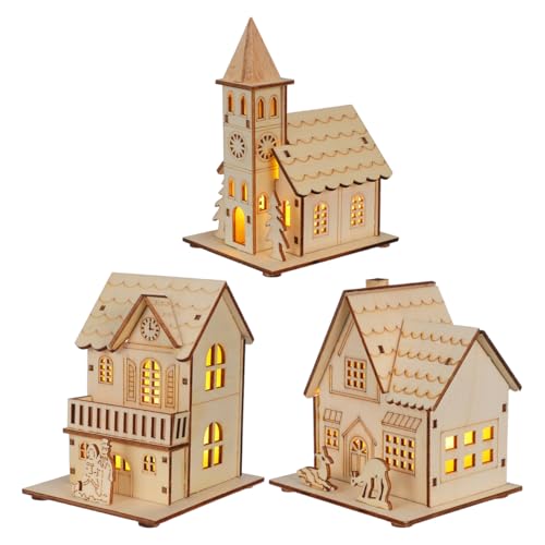 SHINEOFI 3pcs Wood Christmas Village Glowing Christmas Wooden House for Crafts Led Light Village Houses for Xmas Scene Decorations DIY Project