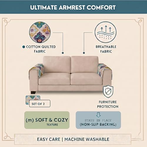 Image of STITCHNEST 'Frostvine Collection' Sofa Armrest Cover | Cotton Quilted Fabric, Washable & Durable for Modern Living (18 x 22 Inches)