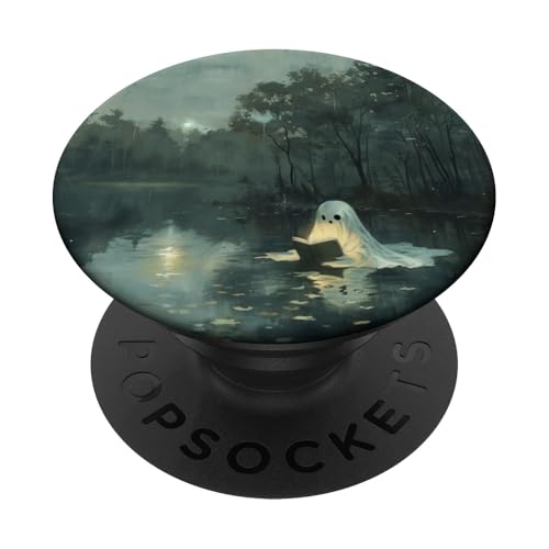 Spooky Ghost Reading In A Lake Vintage Aesthetic Green PopSockets Adhesive PopGrip