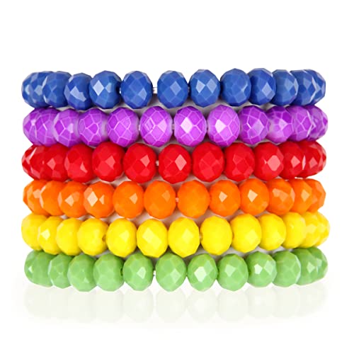 Image of RIAH FASHION Bohemian Multi-Layer Beaded Stacking Bracelet - Versatile Stretch Strand Statement Wrap Slip-on Cuff Bangle Shiny Crystal Bead Metallic, USA Flag, Rainbow Pride