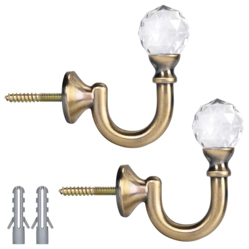 Heavy Duty Decorative Metal Curtain Holdback Hooks, Wall Mounted, Crystal Knot Pulls for Curtain Rods, Set of 2, Brushed Brass (Ant Brass-2SET)