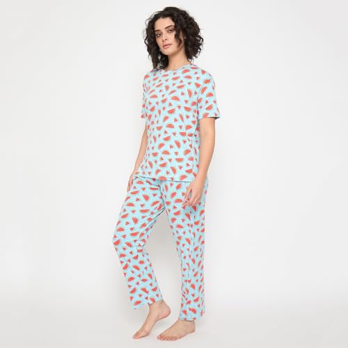 Image of CAMEY Women's Printed Pyjama Set, Short Sleeve T-Shirt and Trousers, Women Nightsuit, Loungewear Sets