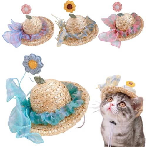 Pet Straw Sun Hat Dog Cat Puppy Ribbon Bow Cute Sunflower Handmade Princess Hat Pet Costume Apparel (Small,GreenBlue)