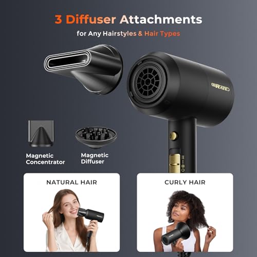 Image of SHRATE Ionic Hair Dryer with Diffuser | Professional Blow Dryer for Curly, Frizzy & All Hair Types | Low Noise & Gentle for Sensitive Hair | Compact & Portable Design for Home, Travel, Women & Men