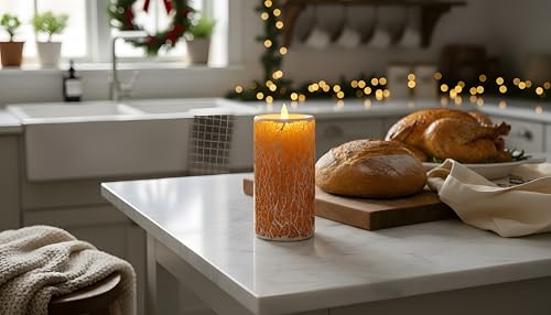 Image of Glass Flameless Pillar Candles Flickering with Remote Timer, Battery Operated LED 3D Moving Flame Real Wax Candles,Remote Included (Honey Yellow Cracked Glass)