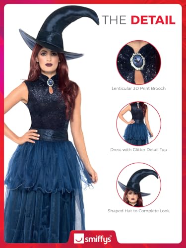 Halloween! Smiffys Deluxe Mitternachthexe-Kostüm, Schwarz, mit Kleid, Lentikular-3D-gedruckter Brosche, Gürtel und Hut