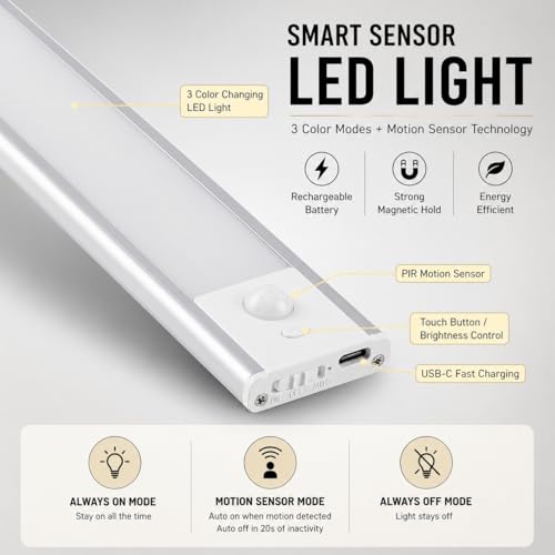 Image of One94Store 40CM Rechargeable Motion Sensor LED Light - Wireless Under Cabinet Light with 3 Color Modes, 1200mAh Battery, Dimmable Stick-On Lamp for Kitchen, Wardrobe & Bedroom, White Plastic