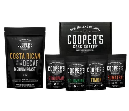 Decaffeinated Gourmet Coffee Sampler Gift Box Set – Whole Beans – 4-Pack – 4oz and Decaf Costa Rican Coffee Medium Roast – Swiss Water Processed Decaffeinated – 12oz Bag