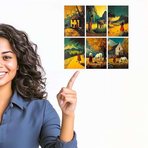 Image of SiddArtify Vintage Landscape Wall Art Prints Set - Woman and Horse Poster Decor for Living Room Bedroom Office - Set of 2-4x6 Inch - Board (Pack of 6) - Sticker (Pack of 6)
