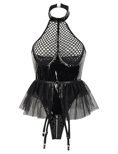 Gatamiau Dessous Damen Wetlook Bodys Mesh Leder Sexy Leder Unterwäsche Teddy Lingerie Ärmellos Reißverschluss Bodysuit Clubwear mit Strumpfhaltern Minirock (Schwarz, S)