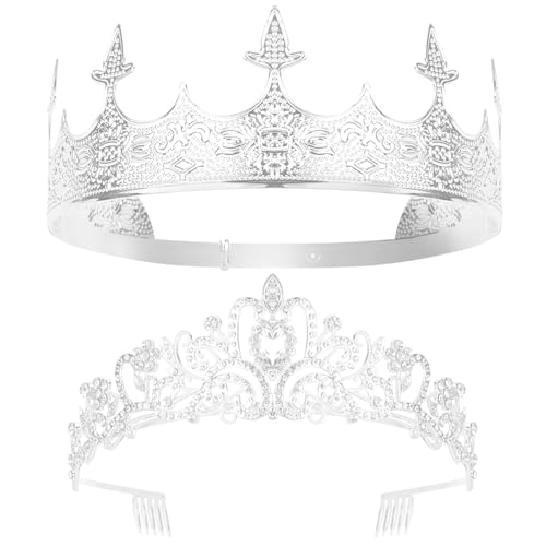 AOPRIE King & Queen Tiara and Crown for Women Men Girls Boys Halloween Party Event Supllies Favors Silver White, 2 Pack