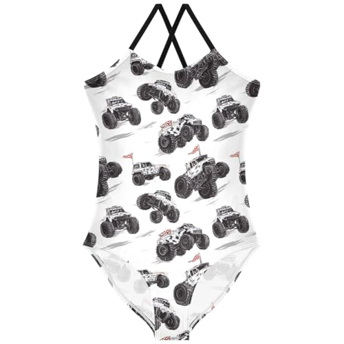 Pigsaly Girls One Piece Swimsuits White Black Checkered Flag Camo Monster Trucks Kids Cross Back Swimwear Bathing Suit 3T