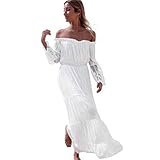Ansenesna Kleid Damen Sommer Chiffon Lang Mit Langarm Elegant Strandkleid Off Shoulder Rückenfrei Party Strand Sommerkleider Weiß (S, Weiss)