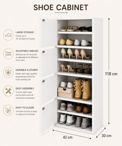 Image of 4-Door Engineered Wood Shoe Rack, 11-Tier Wooden Shoe Rack for Entryway, Shoe Storage Cabinet with Doors Adjustable Shelves, Wooden Shoes Rack Organizer - NEW (White, 9 - Layer)