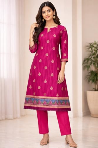 Image of Women's Cotton Blend Unstitched Kurti Set for Women | A-Line Style Dress Material | 2-Piece Traditional Ethnic Wear Suit Fabric