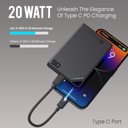 Image of Portronics Boosty 5k 5000mAh 15W Wireless Magnetic Fast Charging Nano Powerbank, Metallic Finish, 20W Type C PD Output, Light Weight, Compatible with iPhone 12 Above, Other Qi Enabled Devices