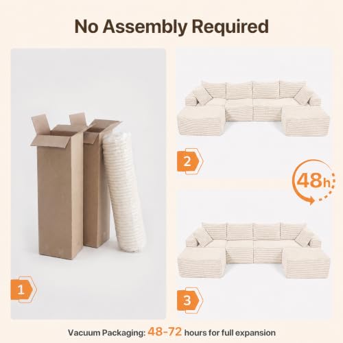 Image of Claiks 120 inch Boneless Couch, U-Shape Corduroy Sectional Sofa, Beige
