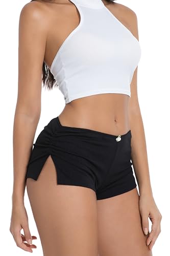 OTIYLEY Sexy Micro Shorts for Women Low Waist Side Slit Boyshort Slim Booty Shorts Lounge Pj Bottom Cute Sleepwear Black