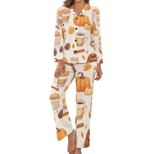 Fall Watercolor Pumpkin Womens Pajamas Coffee Latte 2 Piece Pajama Set for Women