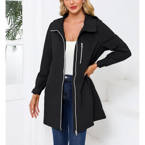 Women's Hooded Rain Jackets Waterproof Outerwear Fall Casual Anoraks Hood Thigh Length Pockets Long Full Zip Coat3