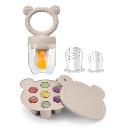 WeSweet Mangeoire à fruits pour bébé – Mangeoire à fruits en silicone pour bébés – Moules de congélation au lait maternel pour sucettes glacées et alimentation autonome du bébé (Grey)