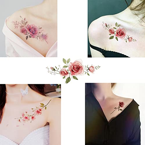 Temporary Tattoo Of Rose , Waterproof Colorful Temporary Tattoos Fake Tattoos That Look Real And Last Long Tattoo Stickers Watercolor Mixed Style Body Art Temporary Tattoos For Women Girls Kids(Pink) #TOP6