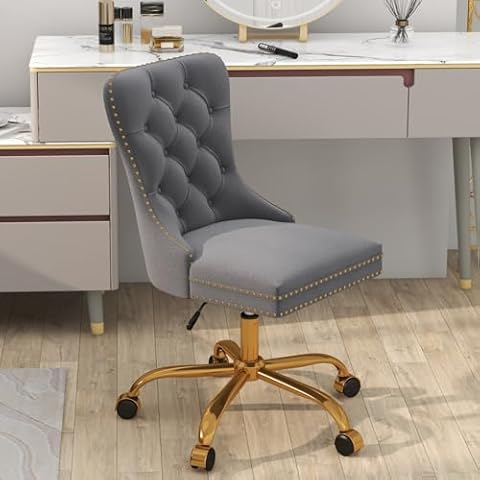 GOOLON Velvet Home Office Desk Chair, Height Adjustable Vanity Chair withTufted Back, Swivel Comfy Seat, Luxury Rivet Trim, Golden Base for Bedroom Living Room, Grey Cover