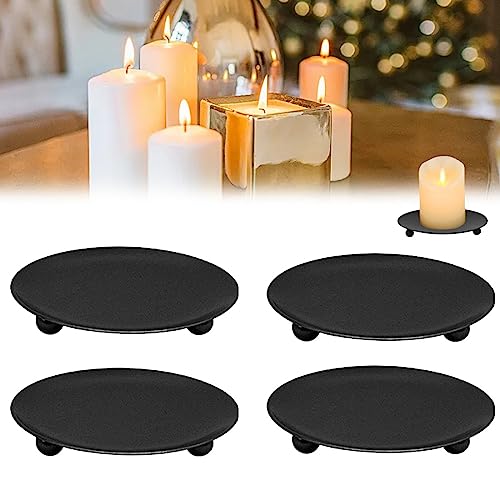 4 Piezas Portavelas Negro 10cm, Candelabros Redondo, Posa Velas Metal Soporte Velas Exterior Retro Pedestales Decorativos Hierro Plato para Velas Decoracion Hogar Boda Fiestas Cena Cumpleaños Navideño