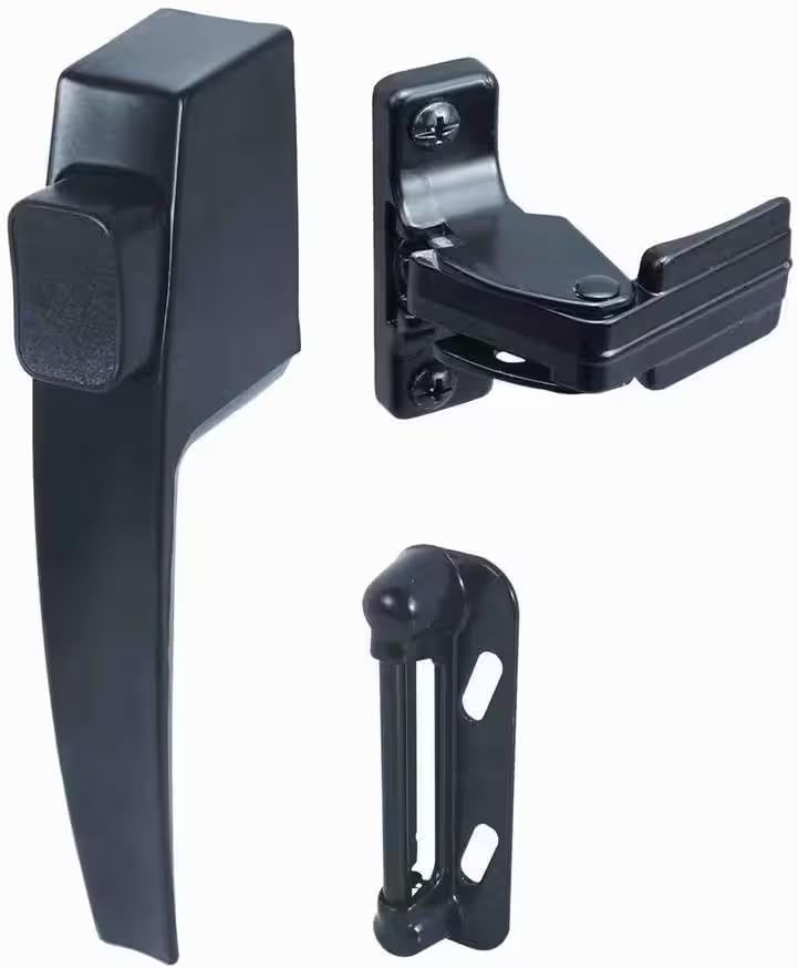 1 PC Push Button Screen and Storm Door Latch Handle Set, Black Metal Door Handle with Night Lock Lever