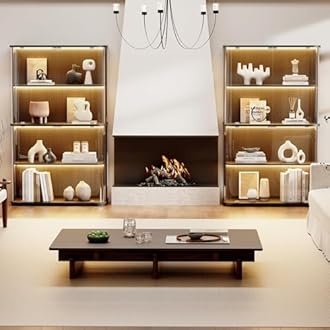 Large Rounded Display Cabinet with Glass Door, 4-Tier Curio Cabinet with 3 Color Lights for Collectibles, Glass Display Case with Transparent Full-Display Surface, Human Body Sensor, Black