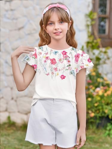 Image of Haloumoning Girls Pleated Ruffle Short Sleeve Shirts Kids Summer Crewneck T-Shirts Fashion Tops Tees 5-14 Years