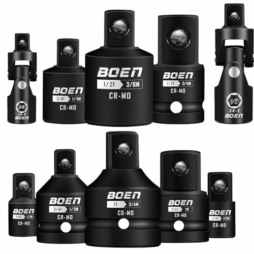 Image of BOEN 10-Piece Impact Socket Adapter and Reducer Set, Standard SAE 1 /4 inch 3 /8 inch 1 /2 inch 3 /4 inch, CR-MO Steel Driver & Wrench Conversion Kit Socket Reducer with 3 /8 inch & 1 /2 inch Universal Joint