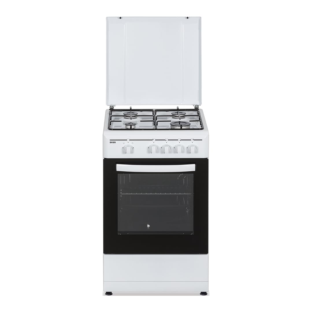 Svan Cocina Gas Butano, 4 Zonas de Cocción, Horno 43L, Blanco, OKG45MW00. Control Manual, 2 Programas de Cocción, Cristal en Puerta de Doble Capa, Tapa Abatible Metálica