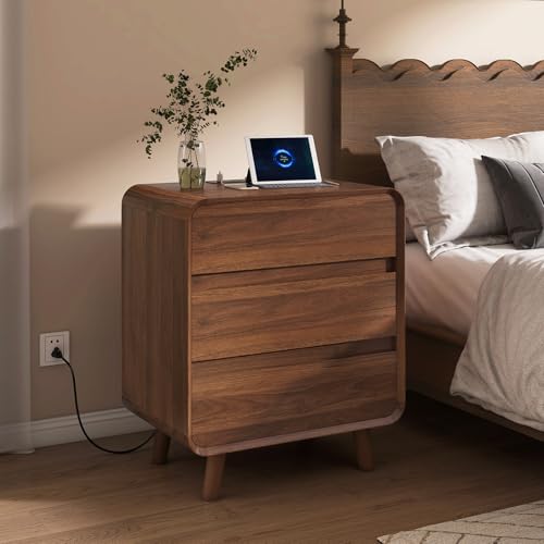 Image of Nasonet Nightstand with Charging Station, Large Mid Century Modern Nightstand with 3 Drawers, Wood Bedside Table for Bedroom, Curved Beveled Design, Walnut