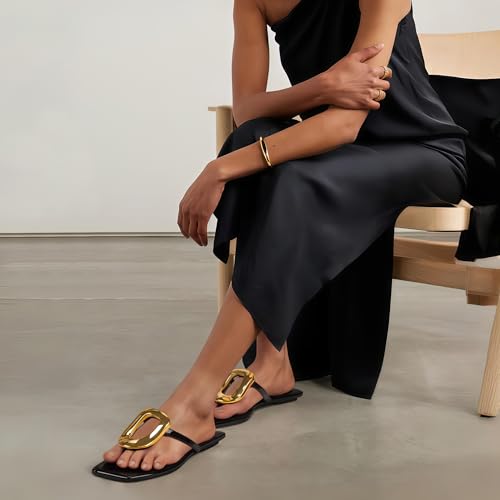 Image of PARTY Square Toe Flip Flops Women,Fashion Designer Thong Sandals with Gold Buckle Trendy Summer Comfort Flat Sandals