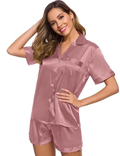 Image of SWOMOG Womens Silk Satin Pajamas Set Short Sleeve Sleepwear Button Down Top and Shorts Loungewear 2 Piece Pjs Set XS-3XL