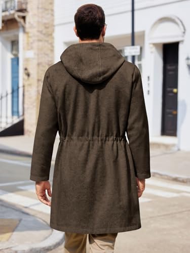 Image of ZIWOCH Mens Trench Coat Wool Blend Hoodie Long Jacket Full Zip Winter Classic Business Overcoat