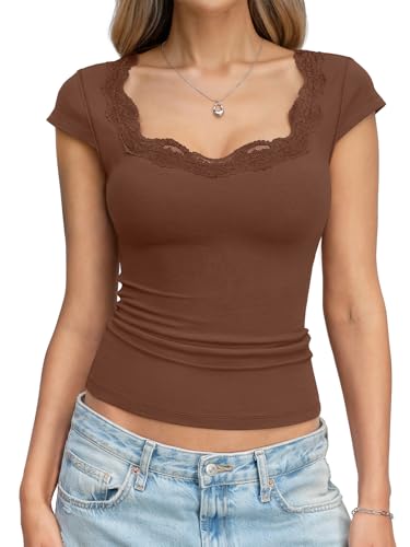 EasyGala Womens Lace Scoop Neck Tops Cotton Cap Sleeve Slim Fit Shirts 2026