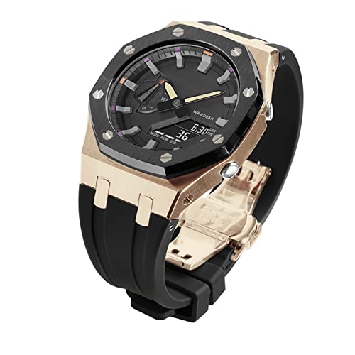 Image of GA2100 Stainless Steel Watch Case with Metal Watchband and Rubber Strap Mod Kit - Compatible with GA-2100 /GA-2110 /GA-B2100 Series - Watch Part Replacement
