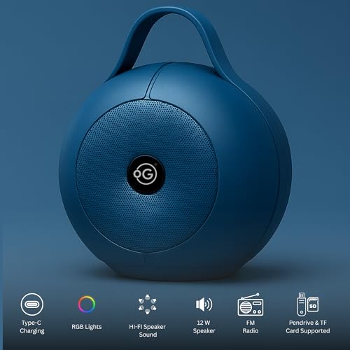 Image of OOGE Vibebox 6000 Bluetooth Speaker, 12W Portable Wireless Speaker with RGB Lights, 10H Playtime, Hi-Fi Sound, Type-C Charging, FM Radio, Pendrive & TF Card Support, Bluetooth 5.3 (Blue)